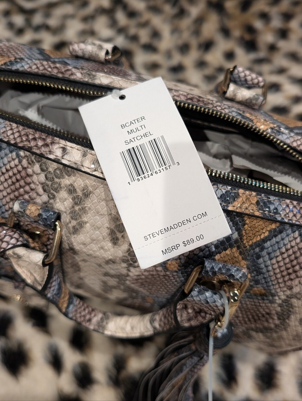 Snake-Print Satchel Bag in Beige & Blue with Tassel - Steve Madden - Picture 5 of 6